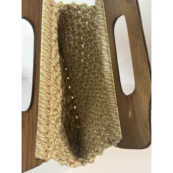 Vintage Woven Macrame Jute Rope Bag Clutch Purse Wood Handle - Picture 7 of 12
